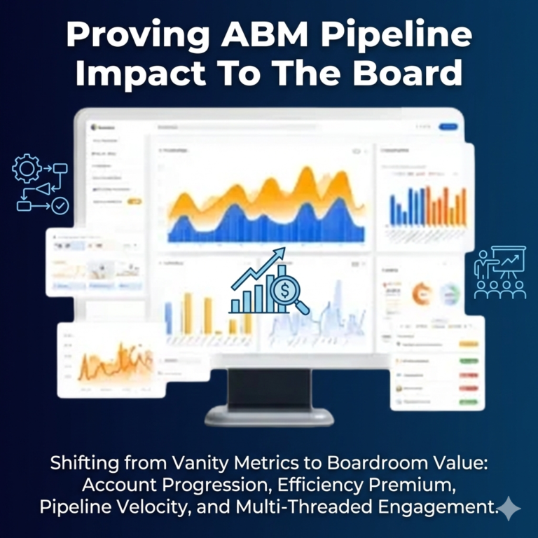 Proving ABM Pipeline Impact To The Board blue background with a chart in the middle