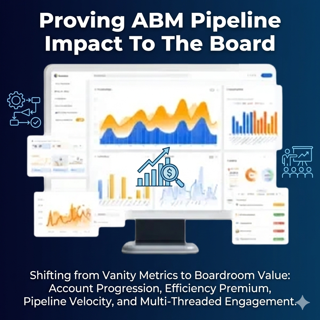 Proving ABM Pipeline Impact To The Board blue background with a chart in the middle